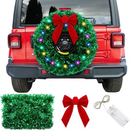 Knitgrip 6 Pcs Christmas Garland Car Tire Decoration Set Christmas Spare Tire Cover Decor Spare Wheel Cover Wheel Protectors 132 ft Include 4 Green Garlands 1 Red Bow 1 Coloful String Light for Xmas