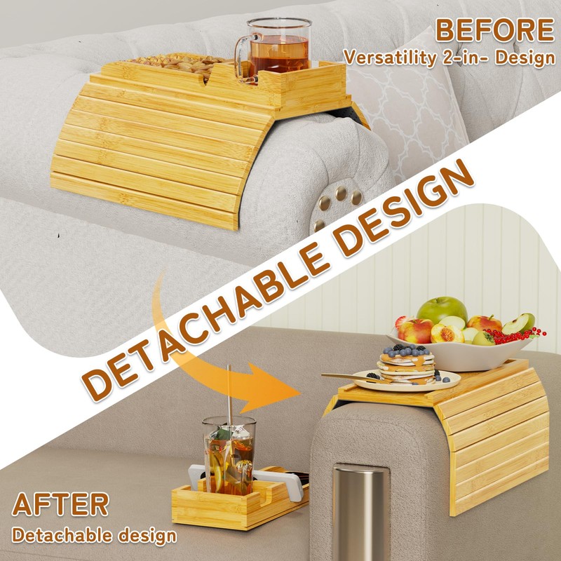 Bamboo Sofa Arm Tray 2-in-1 Couch Armrest Table with Detachable