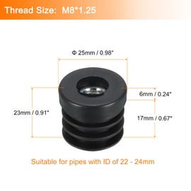 sourcing map 10Pcs Inserts for Round Tubes with M8 Thread, for 25mm/0.98" OD Round Tube, Round Black Thicken Plastic Plug Caster Insert Chair End Caps Furniture Leg Plug