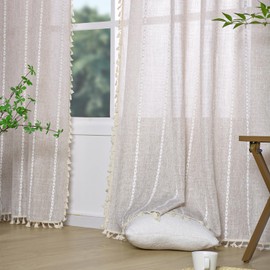 Linen Curtains Boho Farmhouse Curtains for Bedroom Living Room 63 Inches Long Semi Blackout Curtains 2 Pannels Cotton Linen Window Curtain Panel, Bohemian Tassel Curtain Drapes, 55" W x 63" L,Coffee