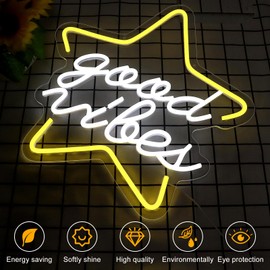 Good Vibes Neon Sign, Super Star LED Sign 15.7 * 15.7’’, Powered by USB with Switch Neon Lights, LED Neon Signs for Wedding, Christma Party, Game Room, Dorm Room Kids, Bedroom Studio, etc.(White)