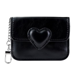 Energather Credit Card Wallet, PU Leather Slim Credit Card Holder for Women with Key Chain, Fashion Heart-shaped Small Card Holder Wallet Coin Change Purse for Shopping, and Daily Travel (Black)