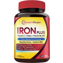 Doctor's Recipes Iron Supplement for Women Men - Gentle Iron Bisglycinate with Vitamin C, B6, Folate & B12 - Non-Constipating & Stomach Friendly Iron Pills, 120 Vegan Caps