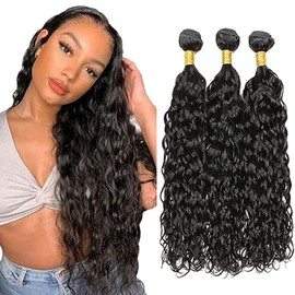 Tuheerst Real Hair Wefts Human Hair Bundles Natural Black Human Hair Extensions Real Hair Double Weft Water Wave Human Hair Extensions 3 Bundles Remy Hair for Woman 16 16 16 Inches