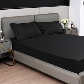 Fitted Sheet 40cm Deep Bed Sheet Single Size 90X190CM Black Hotel Quality Microfiber (Black, Single)