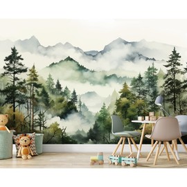 Watercolor Forest Mountain Mural Wallpaper, Foggy Tree Ink Wall Mural, Natural Mural, Misty Abstract Botanical Wallpaper for Living Room Bedroom Dinning Room141 x96(Not Peel and Stick)