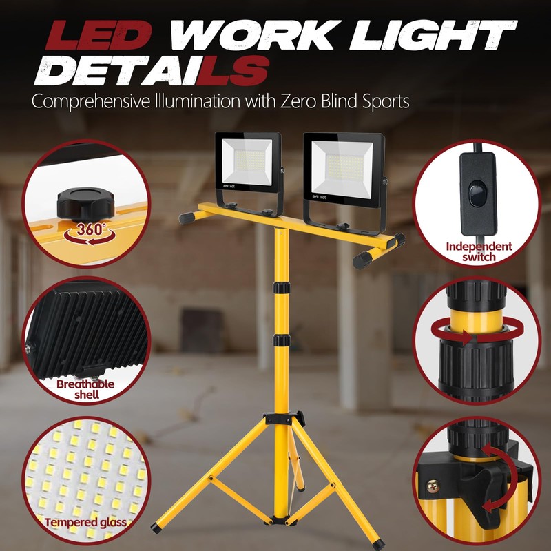 22000 Lumen Work Lights with Stand, 2 Adjustable Head LED
