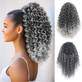 Rafabcici 16 Inch Kinky Curly Deep Wave Drawstring Ponytail Extension for Black Women - Synthetic Hairpiece with 2 Clips, Perfect for Daily Wear (Salt and Pepper, T1B/Gray)