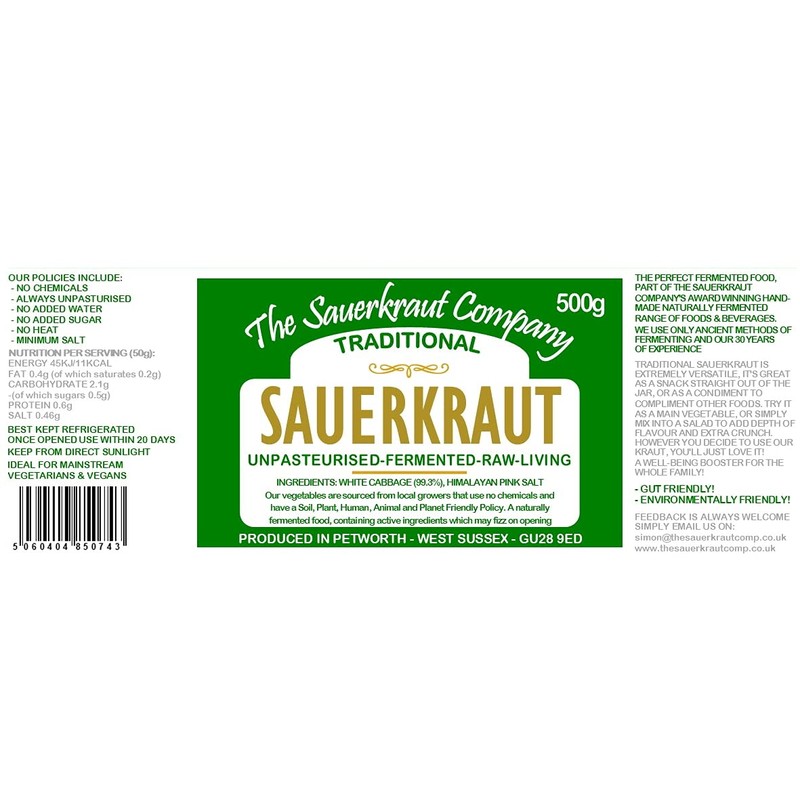 Traditional Sauerkraut 500g Unpasteurised Living and Very Healthy