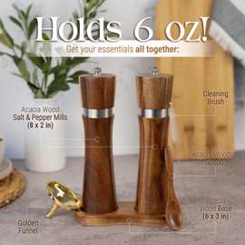WoodyBites Elegant Acacia Wood Salt and Pepper Grinder Set Manual, 8-inch Salt Grinder Refillable with Adjustable Coarseness, Durable Wooden Base, Gold Funnel, Spoon and Cleaning Brush