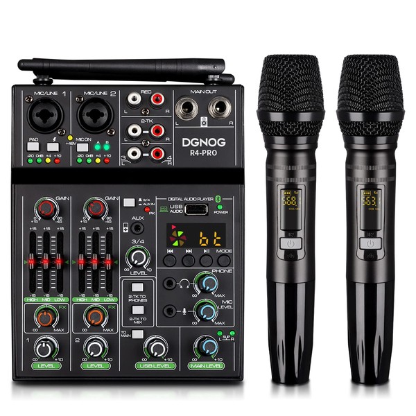 Professional Audio Mixer, 4 Channel Sound Mixer With Dual Wireless