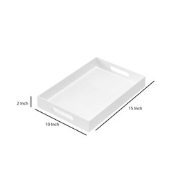 MUKEEN Glossy White Sturdy Acrylic Serving Tray with Handles 10x15x2H Inches -Spill Proof- Decorative Trays Countertop Organizer for Ottoman Coffee Table Nightstand, sidetable, Breakfast, Tea, Food