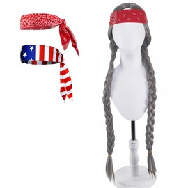 ZNTU Braided Rocker Wig with USA Bandana - Long Heat-Resistant Synthetic Hairpiece for Men - Ultimate 60s Look with American Flag Headband