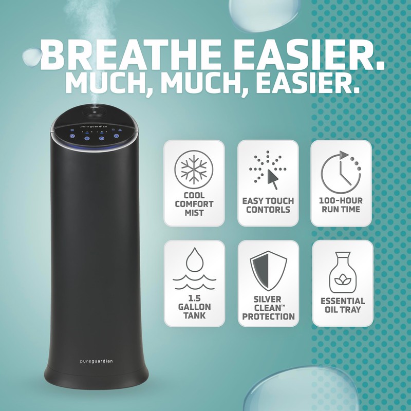 Pure Guardian Ultrasonic Cool Mist Humidifier, 100 Hour Run Time,