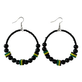 Beaded Circle Jamaica Earrings, Geometric Jamaican Rasta Earrings, Afrocentic Yellow Green and Black Dangle Earrings, Reggae African Accessory