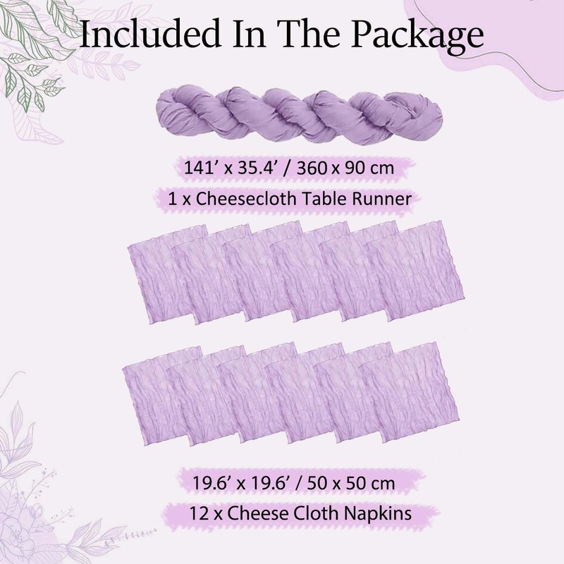 FuSenYuan Lavender Cheesecloth Table Runner 12 Ft and 12 Napkins