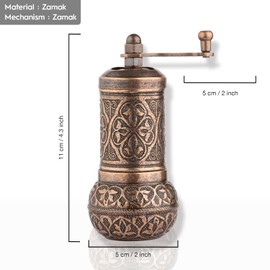 Glios Turkish Handmade Decorative Black Pepper Grinder, Refillable Turkish Spice Mill with Adjustable Coarseness, Manual Pepper Mill with Handle, Spice Grinder Metal with Hand Crank 11 cm-4.3 inch