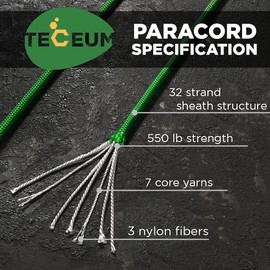 TECEUM Paracord Tipo III 550 Verde – 50 pies – 4 mm – Cuerda táctica MIL-Spec – Cuerda para Exteriores – Equipo de Pesca – Cuerda de paracaídas EDC – Cuerda de Supervivencia Fuerte 025 NW