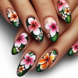 Medium Press on Nails Almond Fake Nails Acrylic Nails Press ons Spring False Nails with Colorful Flower Designs Glossy Glue on Nails Summer Artificial Nails Cute Stick on Nails for Women 24Pcs