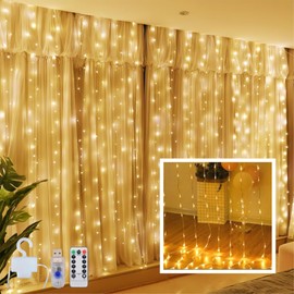 Clearhill 3 * 3Curtain String Lights 300LED Warm 8 Modes Soft Wire Curtain Lights with Remote & Timer, USB Operated, Waterproof for Indoor/Outdoor Decorations，Bedroom，Wedding，Party