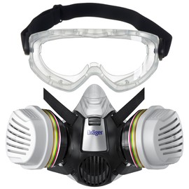 Dräger X-plore 3300 Half Mask Set for Chemical Work with X-pect 4400 Full Vision Goggles & ABEK1 Hg P3 Combination Filter, Protection Against Vapours, Gases, Particles & Dust, Size M