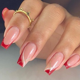 PureGlow Co Medium Press on Nails Long Square Acrylic False Nails Red French Tip Glitter Curve Stripes Designs Full Cover Glossy 24PCS