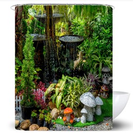 SCVBLJS Green Shower Curtain Waterproof Bathroom Bathtub Anti-Mildew Polyester Fabric Bathroom Shower Curtain Tropical leaves Garden background wall curtain fountain scenery With Hooks 180X180Cm