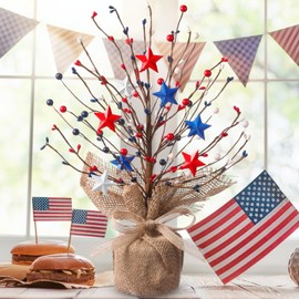 Giegxin 4th of July Artificial Tree Tabletop Decoration Patriotic Tree Red Blue White Artificial Berry Stem Picks for Independence Day Pentagram Berry Branches Centerpieces Decor for Home(Classic)