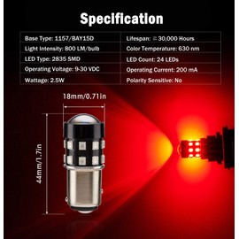 BRISHINE 4-Pack Super Bright 1157 2057 2357 7528 BAY15D LED Bulbs Brilliant Red 9-30V Non-Polarity 24-SMD LED Chipsets with Projector for Brake Tail Lights, Turn Signal Lights