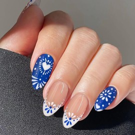 Boho Blue & French Fake Nails Set – 24pcs Press on Nails with Glue, Medium Almond Acrylic Nails for Women, Ideal for Summer Weddings and Vacations