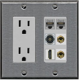 RiteAV 1 Speaker 2 Banana Binding Post Wall Plate 2 Cat6 1 x Toslink Optical and HDMI - Outlet [Stainless/Gray]