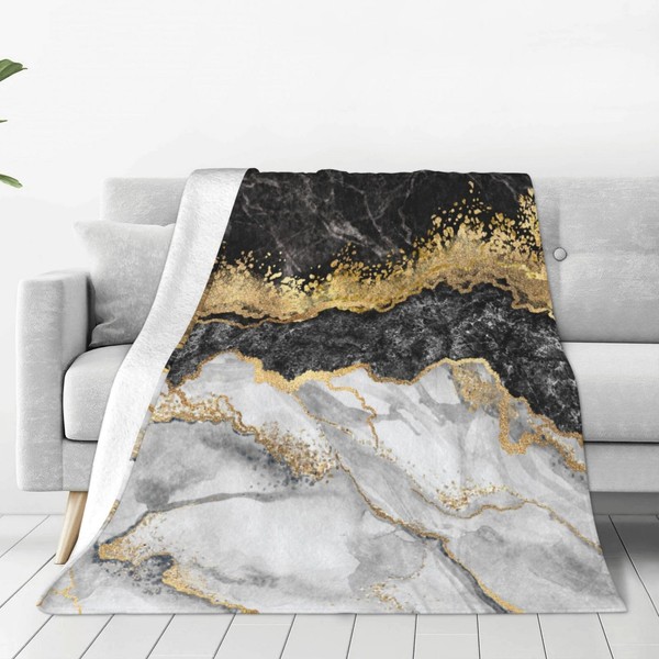 Black Gold Marble Printed Fleece Throw Flannel Blanket Soft Cozy