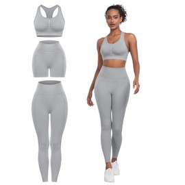 SALSPOR - Conjunto de entrenamiento de 3 piezas para mujer, leggings de levantamiento de glúteos con brasier deportivo de alto impacto, pantalones cortos de gimnasio, Gris,claro, 2XL