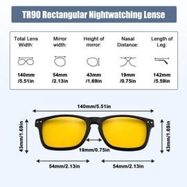 Magnetic Clip On Sunglasses with 5 Interchangeable Clips, 3 Polarised + 2 Non-Polarised, Retro TR90 Rectangular Sunglasses for Women Men, Plastic Frame for Night Driving, black