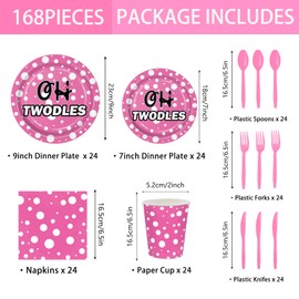 168pcs Pink Cartoon Mouse 2nd Plates Napkins Party Supplies Disposable Paper Cups Oh Twodles Tableware Set Two Years Old Birthday Decorations for Kids Girls Birthday Decor Serve 24