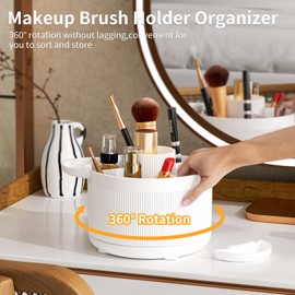 360 Degree Smooth Rotating Makeup Brush Holder, with 5 Slots and 2 Earring Trays Desktop Organizer, Makeup Holder Organizer for Vanity, Skincare Storage, Brushes Holder, Office, Art Supply, White
