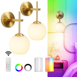 Battery Operated Glass Wall Sconce Set of Two, Gold Wall Sconce, Frosted Glass Shade, Rechargeable LED Bulb,15 Colors Dimmable, Suitable for Bedroom, Living room,Bulb included (Frosted Circular)