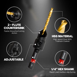 EZARC Countersink Drill Bit Set, 12 PCS Counter Sink Drill Bit Adjustable, #4, #6, #8, #10, #12, Magnetic Extension bit Holder for Woodworking with Storage Box