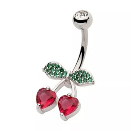 Pierced Owl 14GA 316L Stainless Steel Red CZ Crystal Heart Shaped Cherry Belly Button Ring