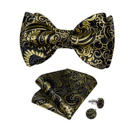DiBanGu Mens Silk Self Bow Ties,Woven Solid Striped Paisley Bowtie and Pocket Square Cufflinks Set for Men Tuxedo Wedding, Black and Metallic Gold