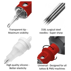 WARRIOR Cartuchos agujas tatuaje professional rojos esterilizados with cartucho aguja tatuaje gas Eo Shader redondo 20pcs maquillaje permanent acero quirúrgico desechable (0.25 mm-0814RS)