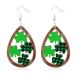 St Patricks Day Earrings Green Shamrock Earrings Irish Hat Earrings Natural Wood Dangle Drop Earrings for Women Girls Jewelry (A)