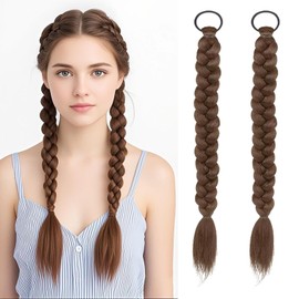 Braided Ponytail Hair Extensions Clip-in 2Pcs Set with Hair Ties - Soft Synthetic Hairpieces for Women, Natural Look Wrap Around Extensions for Daily Wear, 16 Inch Light Brown