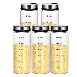 10 oz Salt and Pepper Shakers Set with Adjustable Outlet Holes Clear Glass Bottle Spice Seasoning Cans Jar for Kitchen Decor and Home Restaurant BBQ Camping Farmhouse Kitchen Accessories(5 Pcs, 300ML)