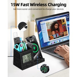 Pen Holder with Desk Organizer, Pencil Holder for Desk, Built in Digital Indoor Thermometer and Humidity Monitor, Multi-Functional Pencil Organizer for Home Office Supplies, Vegan Leather, Black