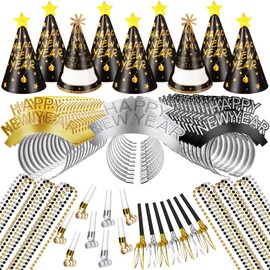 Foilswirl 240 Pcs New Year's Eve Party Supplies for 48 Guest Cone Hats Glitter Tiaras Beaded Necklace Tassel Squawker Curled Squawker(Classic,Black, White, Gold)