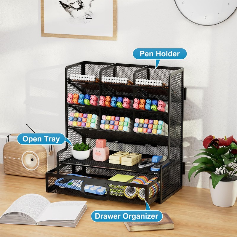 Marbrasse Larger Mesh Desk Organizer with Drawer, Multi-Functional Pen Pencil