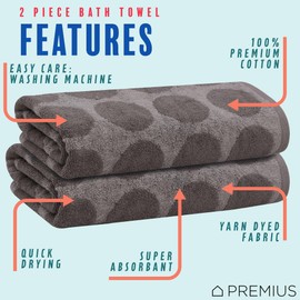 PREMIUS 2 Pack Circles Polka Dot Bath Towels, 100% Cotton Yarn Dyed, 27x54 Inches, Luxuriously Soft, Highly Absorbent, Durable & Quick-Drying Towels for Travel, Spa, & Home Use (Steeple-Gray)