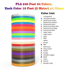 dikale 3D Printing Pen Refills PLA Filament 1.75mm 24 Vibrant Colors 240 Feet, Each Color 3 Meters (10 Feet) - 250 Stencils eBooks - Fit for SCRIB3D P1 and MYNT3D Pens
