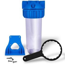 10 inch Transparent Standard Water Filter Housing, Presser Relief Button, 3/4” Inlet/Outlet Brass Port, Accepts Standard 10”x 2.5” Cartridges, 3/4” Brass Port, Mounting Hardware Included (1 Set)